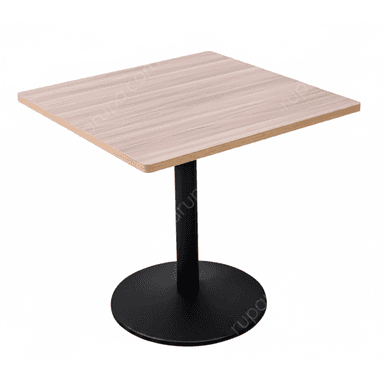 A modern square-top table featuring a light wood grain laminate surface and a sturdy matte black metal pedestal base with a circular foot. The design is minimalist and functional, suitable for various contemporary settings. — 3D model (AI enhanced source)