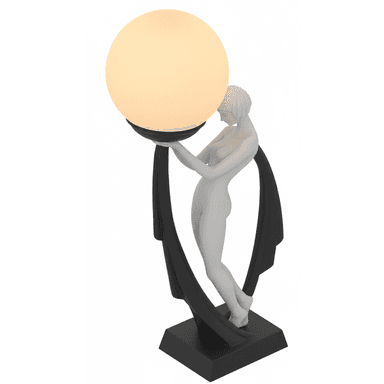 A striking Art Deco style figural table lamp featuring a nude female figure in a light finish, gracefully supporting a large, spherical frosted glass shade. The figure is integrated into a dark, flowing base and support structure with geometric accents, creating a high-contrast decorative lighting piece. — 3D model (AI enhanced source)