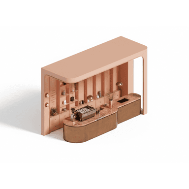 A modern counter unit, likely for a cafe or bar, featuring a curved marble countertop with integrated sink and espresso machine. The unit has a salmon-pink frame with vertical slat detailing and a lower section finished in a brushed bronze metal. Shelving and drawers are incorporated into the rear structure. — 3D model (AI enhanced source)