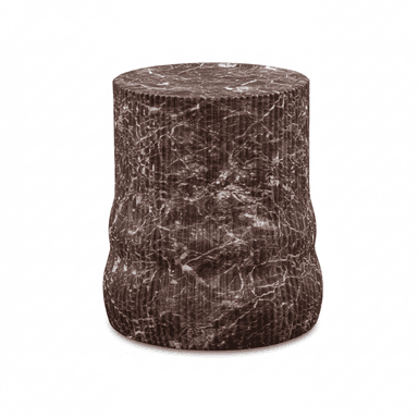 A cylindrical accent stool or side table featuring a dark brown marble finish with prominent white veining. The body of the stool is characterized by a distinctive fluted or ridged texture, giving it a sculptural quality. The top and bottom are flat and round, while the central portion subtly narrows before flaring out slightly towards the base. This piece combines a robust material with refined textural details, suggesting a contemporary or modern classic aesthetic. — 3D model (AI enhanced source)