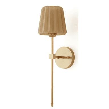 A contemporary wall-mounted light fixture featuring a brushed brass finish and a beige pleated conical shade. The sconce consists of a circular wall plate, a horizontal arm, and a vertical rod, with the shade positioned at the top. The design is minimalist with clean lines. — 3D model (AI enhanced source)