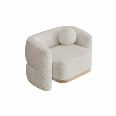 A contemporary club armchair upholstered in a light, textured boucle fabric, featuring a rounded, curvaceous silhouette and a recessed wooden base. It includes a matching circular throw pillow. — 3D model (AI enhanced source)