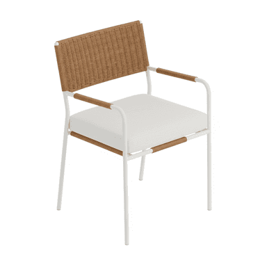 A contemporary armchair featuring a white metal frame, a natural-toned woven rope backrest, and an upholstered white seat cushion. The armrests are partially wrapped with the same natural-toned rope. The design is clean, minimalist, and suitable for both indoor and outdoor settings. — 3D model (AI enhanced source)