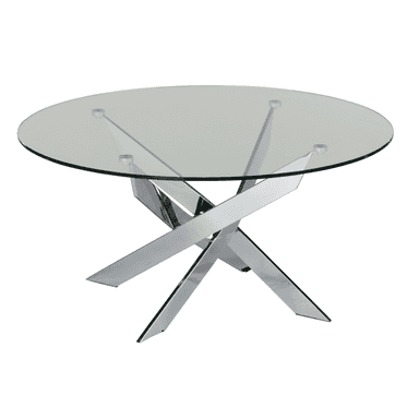 A modern round coffee table featuring a clear glass tabletop supported by a striking geometric chrome-plated metal base. The base is composed of several intersecting, flat chrome bars that create an X-like or starburst pattern, providing a sculptural and stable foundation. The glass top is secured by small, clear cylindrical spacers. — 3D model (AI enhanced source)