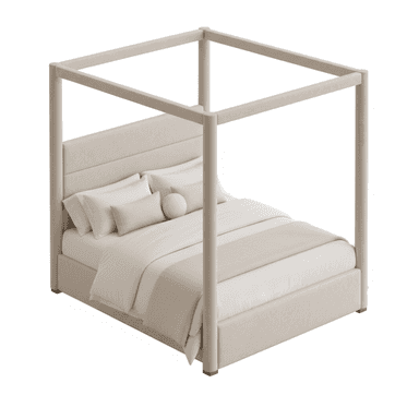 An upholstered four-poster canopy bed featuring a minimalist design. The entire frame, including the headboard, footboard, side rails, and the four vertical posts supporting the canopy structure, is covered in a light beige or off-white fabric. The headboard has a slight recline and a paneled, upholstered appearance. The bed is dressed with matching neutral-toned bedding, including a mattress, fitted sheet, duvet, pillows, and a throw blanket. Small, discreet golden feet are visible at the base. — 3D model (AI enhanced source)