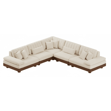 An L-shaped modular sectional sofa featuring light-colored fabric upholstery with distinctive vertical channel tufting on the backrests. The sofa comprises several individual sections, forming a corner arrangement. It is supported by a low-profile dark wood base with short, round, possibly recessed feet. Multiple square and rectangular throw pillows are included, upholstered in the same fabric as the main sofa. The overall aesthetic is clean, modern, and comfortable, designed for spacious living areas. — 3D model (AI enhanced source)