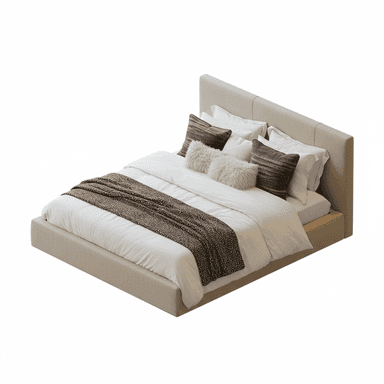 A contemporary upholstered platform bed featuring a clean-lined design. The bed includes a tall, rectangular panel headboard and a low-profile base, both fully upholstered in a light beige or taupe fabric. The bed is dressed with white bedding, layered with decorative pillows in white, brown striped, and textured cream, and a brown patterned throw blanket at the foot. — 3D model (AI enhanced source)