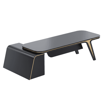 A sleek, modern desk featuring an asymmetrical design with a long, rectangular desktop in matte black, contrasted by golden-toned edge banding. The desk is supported on one side by an integrated, curved storage cabinet in matching matte black, and on the other by a stylized, angled tripod-like leg structure with golden accents. The overall aesthetic is minimalist and contemporary. — 3D model (AI enhanced source)