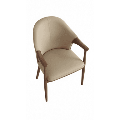 A modern armchair featuring a curved, upholstered backrest and seat in a neutral-toned leather. The frame and armrests are constructed from wood, exhibiting a smooth finish and natural grain. The design incorporates clean lines and a minimalist aesthetic. — 3D model (AI enhanced source)