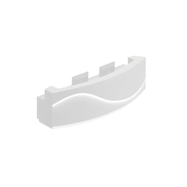 A modern, curved reception desk, rendered in pristine white. It features integrated, subtle lighting along its front face, creating a luminous effect. The top surface has cutouts indicating space for two monitors, suggesting it can accommodate two workstations. Its sleek, minimalist design and clean lines are characteristic of contemporary office furniture. — 3D model (AI enhanced source)