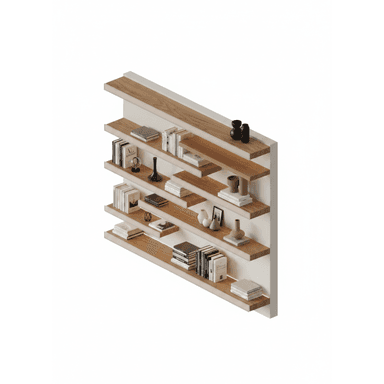 A modern, asymmetrical wall-mounted shelving unit featuring light wood-toned shelves set against a white back panel, designed for display and storage. — 3D model (AI enhanced source)