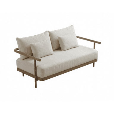 A contemporary two-seater sofa featuring a minimalist design with a visible wooden frame and light beige fabric upholstery. It includes two seat cushions, two back cushions, and two small throw pillows. The armrests are simple, cylindrical wooden bars extending from the frame. — 3D model (AI enhanced source)
