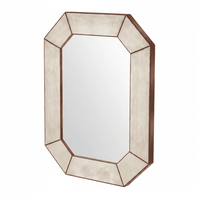 An octagonal wall mirror with a segmented frame surrounding a central rectangular reflective surface. The frame exhibits a distressed, light-colored finish, possibly off-white or beige, with darker, contrasting edges that emphasize its geometric construction. — 3D model (AI enhanced source)