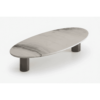 An oval-shaped coffee table featuring a light grey marble top with dark grey veining, supported by two dark, cylindrical metal legs. — 3D model (AI enhanced source)