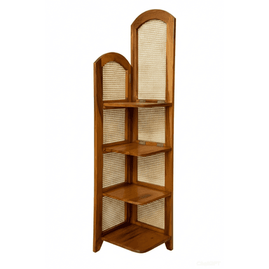A tall, narrow corner shelving unit constructed from warm-toned wood, featuring four triangular shelves and two sections of natural cane webbing as back and side panels. The top of the unit and the top panel of the cane sections are shaped with elegant arches, adding a decorative touch to its functional design. — 3D model (AI enhanced source)