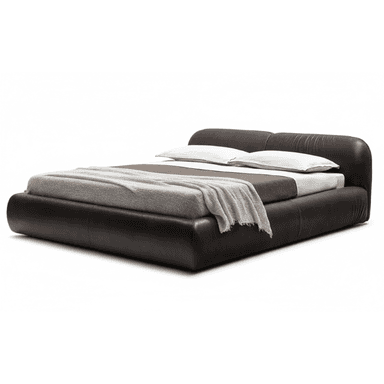 A low-profile upholstered platform bed featuring a padded, integrated headboard and bed frame. The bed is covered in a dark brown material, likely leather or faux leather, and exhibits smooth, rounded contours throughout its design. — 3D model (AI enhanced source)