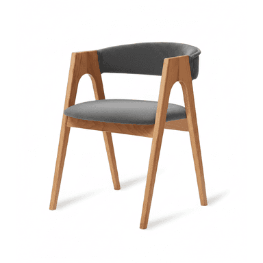 A modern armchair featuring a light-toned wooden frame and dark gray upholstered seat and backrest. The design incorporates integrated armrests with a distinctive cut-out detail, and the backrest is gently curved for comfort. The four tapered legs splay slightly outwards, contributing to its contemporary aesthetic. The upholstery appears to be a soft fabric, possibly velvet or a similar textile, providing a contrast to the smooth wood grain. — 3D model (AI enhanced source)
