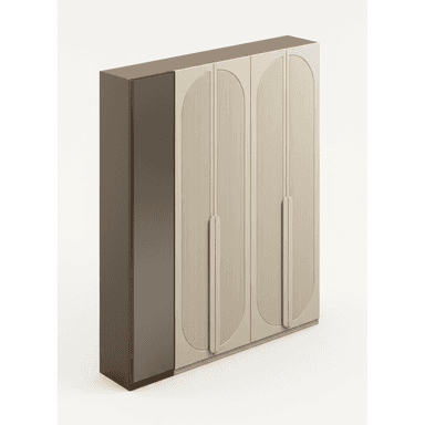 A contemporary two-tone wardrobe featuring three light greige, fluted door panels with integrated vertical handles and an arched design, contrasted with a single dark brown or bronze panel on the left. The unit appears to be made from engineered wood with a matte finish, standing on a recessed base. — 3D model (AI enhanced source)