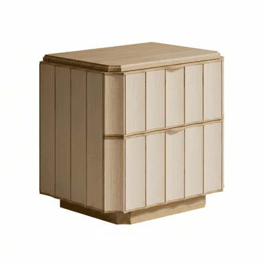 A compact, contemporary bedside cabinet featuring two drawers with distinctive fluted fronts and integrated pulls, crafted from light-toned oak wood. — 3D model (AI enhanced source)