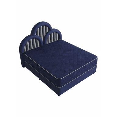An upholstered platform bed featuring a distinctive triple-scalloped headboard. The headboard combines solid navy blue fabric with vertical grey and white stripes. The platform base is upholstered in matching navy blue fabric, and the bed includes a navy blue diamond-quilted mattress with white piping. — 3D model (AI enhanced source)