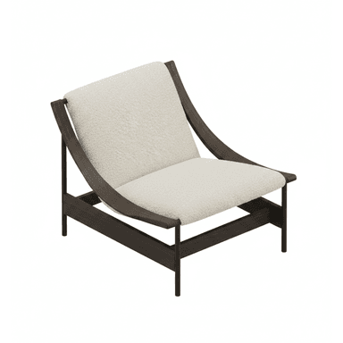 A modern lounge chair featuring a dark-stained solid wood frame and plush, off-white bouclé fabric upholstery. The design emphasizes clean lines and natural textures, with a low profile for relaxed seating. — 3D model (AI enhanced source)