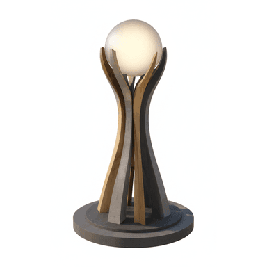 A contemporary table lamp featuring a spherical, frosted glass diffuser held by an abstract, sculptural base composed of intertwining elements of concrete and wood. The lamp rests on a tiered, circular concrete base. — 3D model (AI enhanced source)
