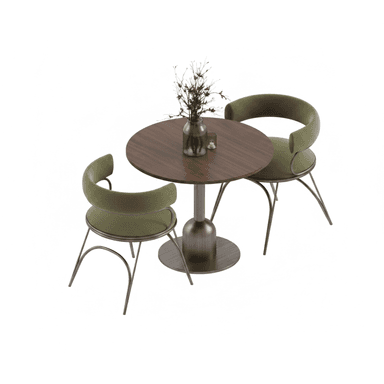 A contemporary dining set featuring a round dark wood tabletop, a brushed metal pedestal base, and two barrel-back dining chairs with olive green fabric upholstery and a minimalist metal frame. — 3D model (AI enhanced source)