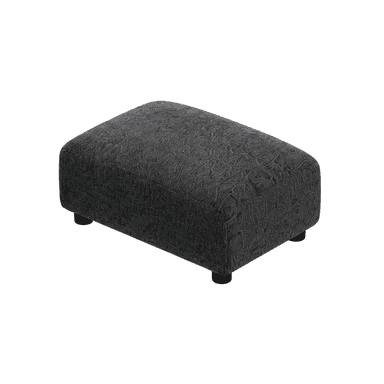A rectangular upholstered ottoman with a low profile and four short, cylindrical black legs. The fabric has a textured, swirling pattern in a darker shade of gray. — 3D model (AI enhanced source)