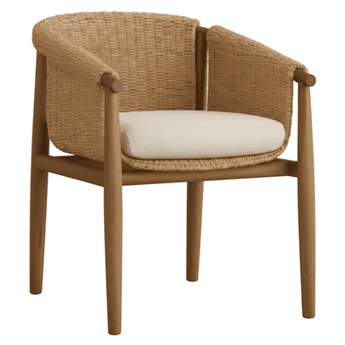 An armchair featuring a solid wood frame with a curved, woven rope backrest and integrated armrests, complemented by an off-white upholstered seat cushion. — 3D model (AI enhanced source)