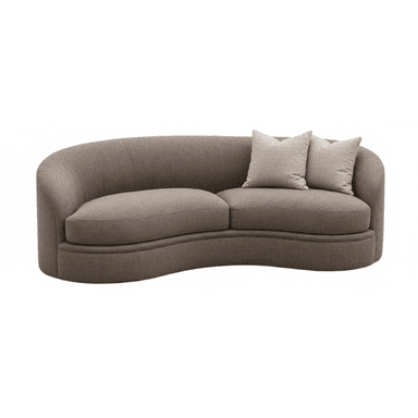 A modern curved sofa upholstered in a neutral taupe-brown fabric. The sofa features a continuous, gently curved back and armrest structure, creating a seamless and inviting silhouette. It has two seat cushions and two matching throw pillows. The base is also upholstered, maintaining a consistent, low-profile design. — 3D model (AI enhanced source)