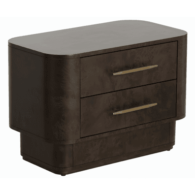 A dark burl wood veneer nightstand featuring two drawers with elongated brass bar pulls and elegantly rounded corners, resting on a recessed plinth base. — 3D model (AI enhanced source)
