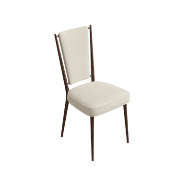 A dining chair with a wooden frame and upholstered seat and back. The frame is made of dark wood with a smooth finish. The seat and back are upholstered in a light-colored, textured fabric. The chair has four tapered legs that angle outwards, and the backrest is supported by two thin, vertical wooden supports that extend from the seat. — 3D model (AI enhanced source)