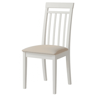 A white wooden dining chair featuring a slatted backrest and a light beige upholstered seat cushion, designed with a clean and functional aesthetic. — 3D model (AI enhanced source)