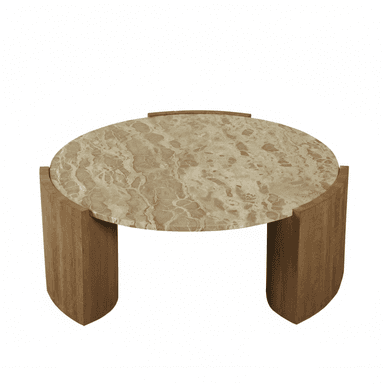 A coffee table with an oval-shaped marble top and wooden curved legs. The marble exhibits a pattern of beige and cream swirls. The wooden legs have a visible grain texture. — 3D model (AI enhanced source)
