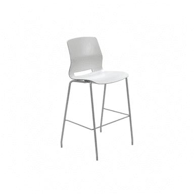 A modern bar stool featuring a single-piece white polypropylene seat and backrest, supported by a gray metal frame with a built-in footrest. — 3D model (AI enhanced source)