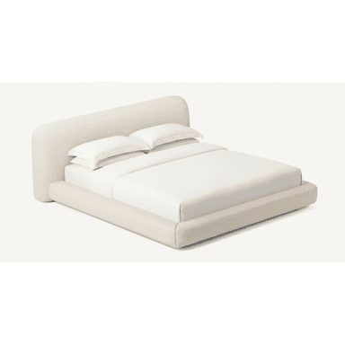 A modern platform bed featuring a fully upholstered frame and a gently rounded headboard, presented against a plain white background. The bed is covered in a light beige, textured fabric, giving it a soft and contemporary aesthetic. It is outfitted with clean white bedding, including a fitted sheet, flat sheet, and two pillows. — 3D model (AI enhanced source)