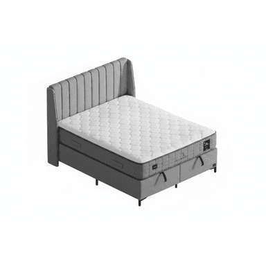 A modern upholstered bed frame with a tufted headboard and a mattress. The bed frame is upholstered in a textured gray fabric and features two integrated drawers at the foot of the bed. The mattress is white with a patterned quilted top and a gray border. The headboard has vertical channel tufting. The bed is supported by slender black legs. — 3D model (AI enhanced source)