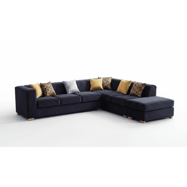 A contemporary L-shaped sectional sofa upholstered in navy blue fabric, featuring an integrated chaise lounge and accented with various decorative pillows. — 3D model (AI enhanced source)