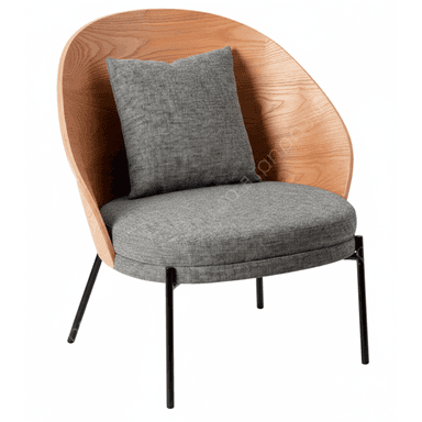 A modern lounge chair featuring a distinctive bentwood shell that forms the back and armrests, enveloping the user. The chair is upholstered with grey fabric cushions for the seat and back, resting on a minimalist black metal leg structure. — 3D model (AI enhanced source)