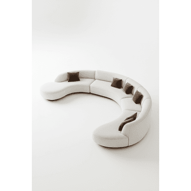 A large, modular, curved sofa with a low profile. The sofa features rounded edges and is upholstered in a textured white fabric. It is composed of several connected sections, forming a crescent shape. Several throw pillows in a contrasting brown color are placed on the seating surface. — 3D model (AI enhanced source)