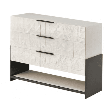 A dresser with three drawers. The drawer fronts have a distinctive textured, carved wood pattern in a light, almost white finish. The body of the dresser appears to be constructed from wood with a similar light finish. It is supported by a dark metal base which also incorporates an open shelf beneath the drawers. The drawer handles are slim and black. — 3D model (AI enhanced source)