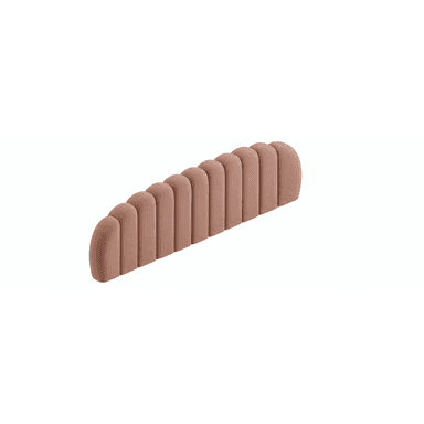 A long, horizontally oriented headboard composed of multiple vertical, rounded, upholstered panels. The panels gradually increase in height from left to right, creating a stepped profile. It is upholstered in a muted pink/dusty rose fabric with a plush, channel-tufted appearance. — 3D model (AI enhanced source)