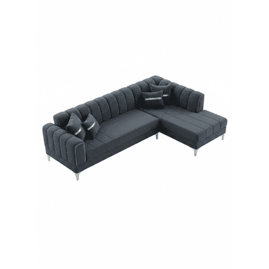 A modern L-shaped sectional sofa in a dark gray upholstery, featuring vertical channel tufting on the backrests and arms, with a chaise lounge extension on the right side. It includes several decorative throw pillows with metallic accents and rests on slender, polished metal legs. — 3D model (AI enhanced source)