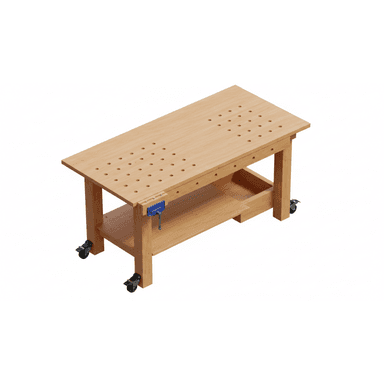 A rectangular wooden workbench featuring a light-colored wood construction, a perforated work surface (dog holes), a lower storage shelf, an attached blue metal vise on one long side, and black locking casters on all four legs for mobility. The design is utilitarian and functional. — 3D model (AI enhanced source)