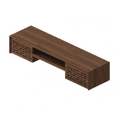A low-profile, rectangular TV stand with a dark wood grain finish. It features a central open shelf and two side cabinets with slatted fronts, suggesting ventilation or a decorative element. — 3D model (AI enhanced source)