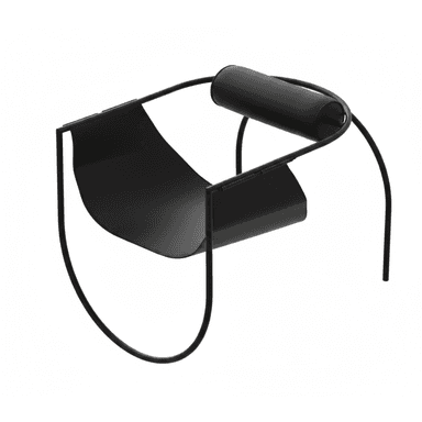 A contemporary black chair with a minimalist design. It features a curved, seat-like structure made of flat metal, supported by thin, black metal tubing that forms the legs and frame. A cylindrical element, possibly a backrest or armrest, is integrated into the upper part of the frame. — 3D model (AI enhanced source)