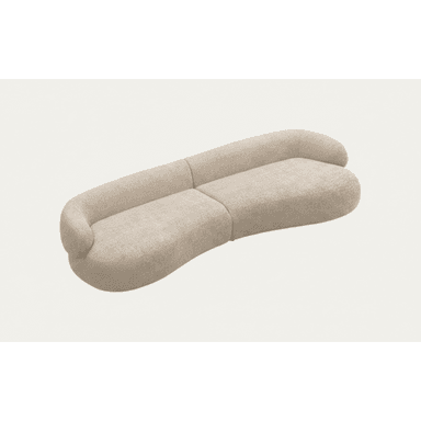 A contemporary organic-shaped two-seater sofa upholstered in light beige textured fabric, featuring a flowing, curved design with integrated back and armrests, segmented in the middle. — 3D model (AI enhanced source)