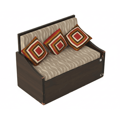 A compact daybed featuring a dark wood frame with integrated armrests and a backrest, upholstered with a light, wavy-patterned fabric cushion, and accented by three geometric throw pillows. — 3D model (AI enhanced source)