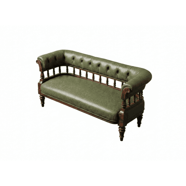 A traditional Victorian-style settee featuring dark green tufted leather upholstery and a robust dark wood frame. The design includes rolled arms, a high tufted backrest, a spindle rail detail along the lower back, and turned legs. — 3D model (AI enhanced source)