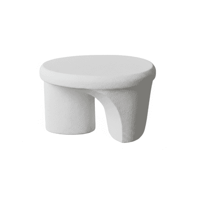 An off-white sculptural table with a rounded top and a distinctive, asymmetrical, and curved base, featuring a textured finish. — 3D model (AI enhanced source)